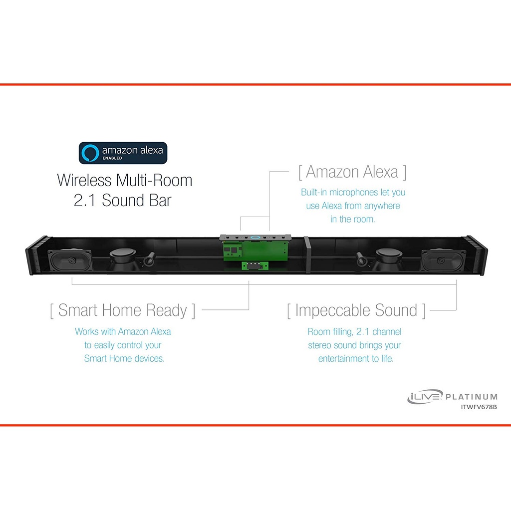 iLive ITWFV678B Wireless Multi-Room 2.1 Sound Bar with Amazon Alexa, 37 Inch Length, Includes Wall Mount Hardware, Black