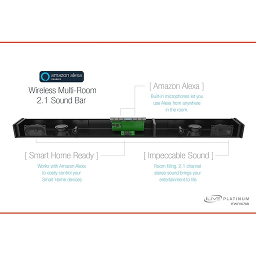 iLive ITWFV678B Wireless Multi-Room 2.1 Sound Bar with Amazon Alexa, 37 Inch Length, Includes Wall Mount Hardware, Black