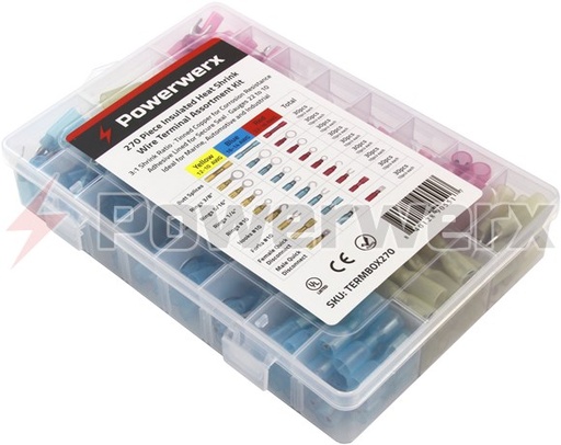 Powerwerx Heat Shrink Wire Terminal Connector Kit, 270 Piece Assortment of Waterproof Electrical Crimp Connectors